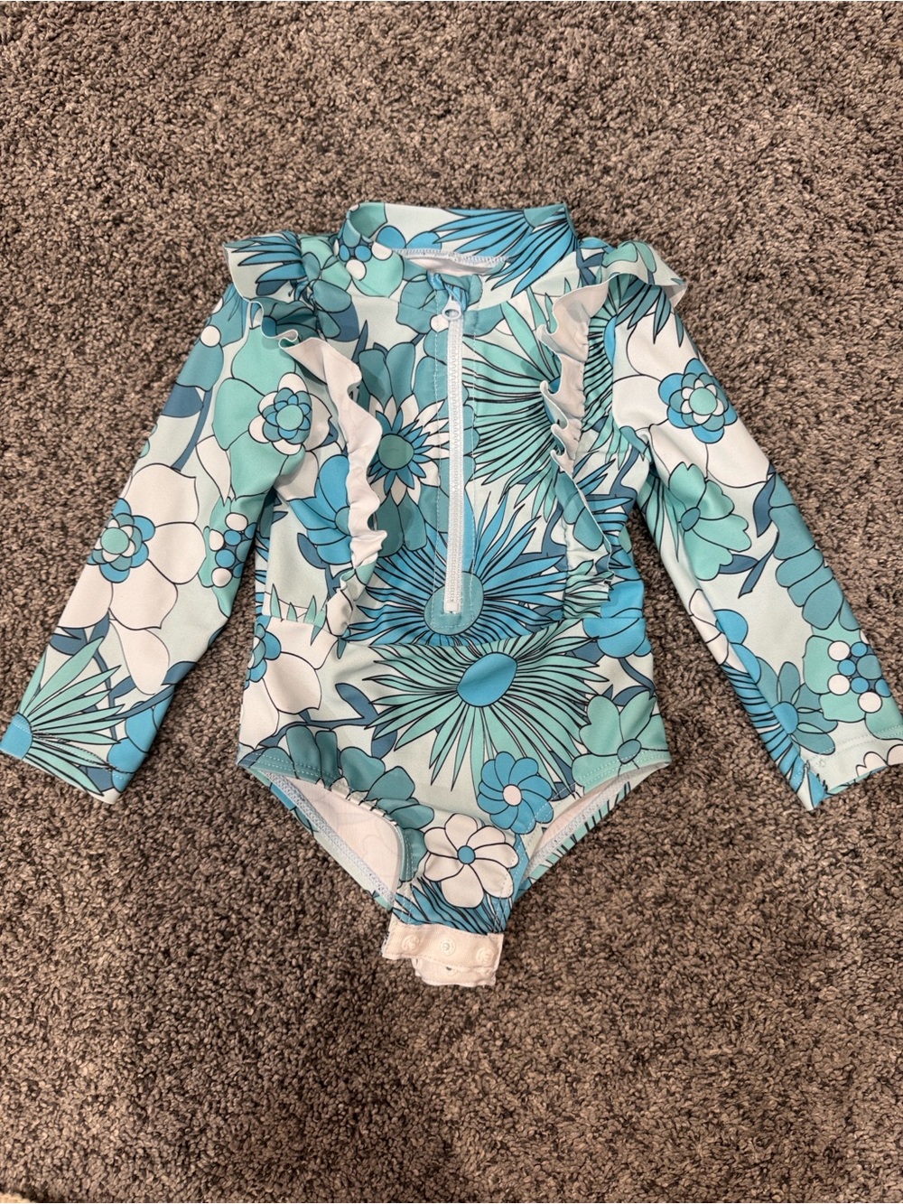Girls' Floral Long-Sleeve One-Piece Swimsuit in Aqua Blue